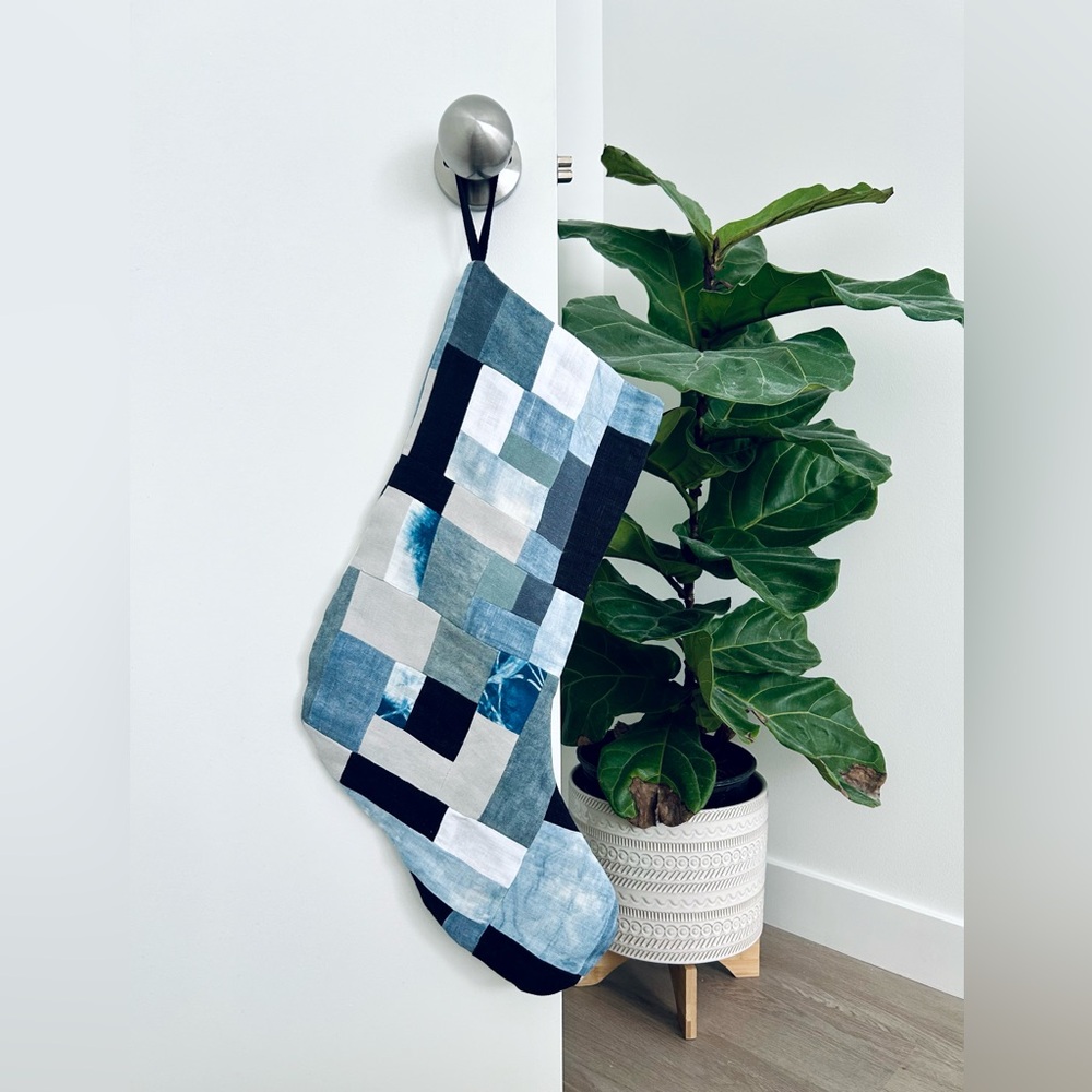 Handmade Patchwork Stocking Hand-Dyed Indigo Natural Dying Christmas Linen Lined